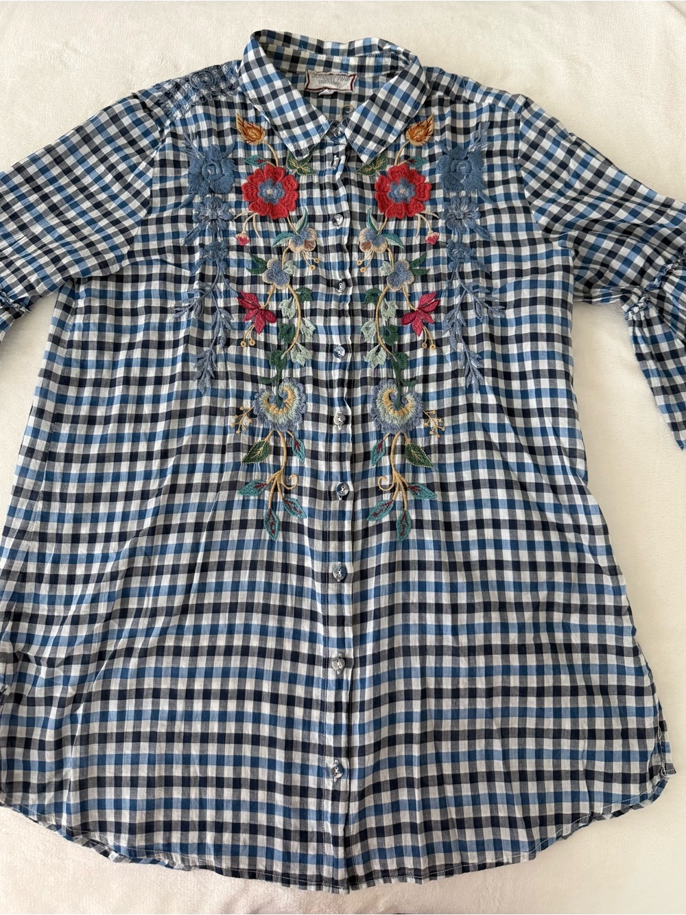 Johnny Was Taryn Ruffle Sleeve Tunic Blue Check Floral Embroidered Boho M E06